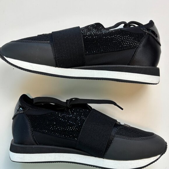 NEW Lola Cruz Crystal Sneakers 36 Black Rhinestone Elastic Strap Designer - Picture 3 of 8
